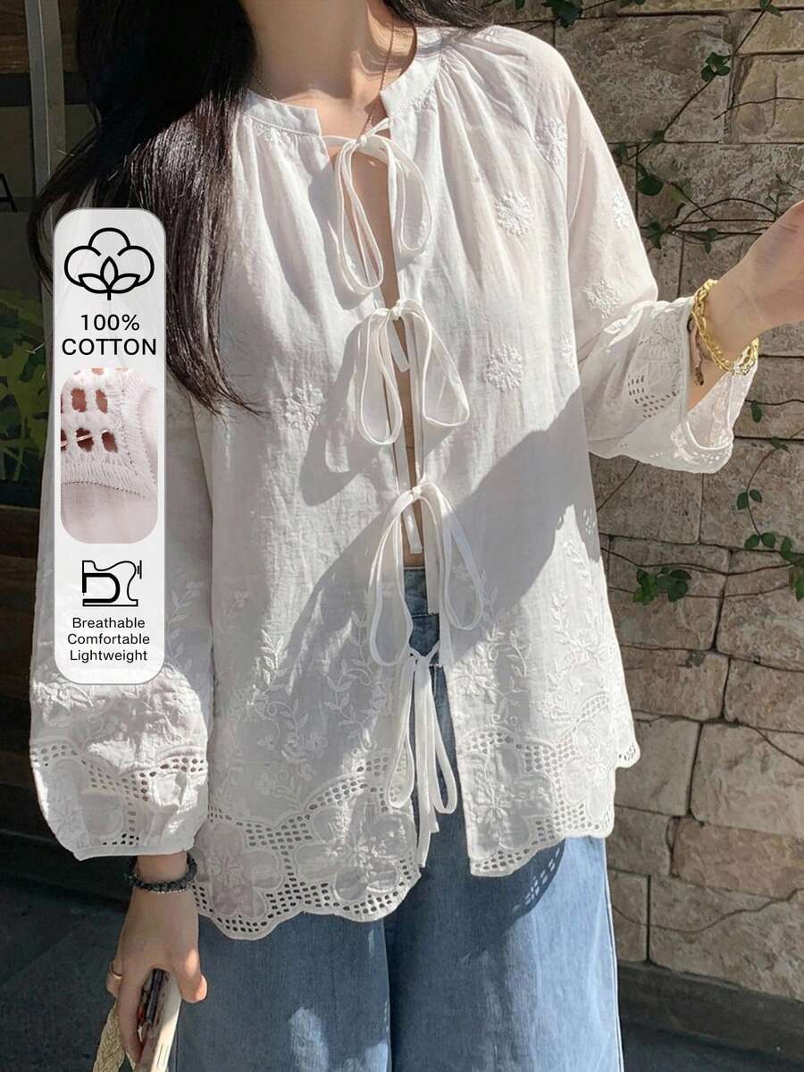 FRIFUL 女款夏季新款刺繡布料前綁帶寬鬆休閒百搭長袖襯衫 - 白色 - 查看 1