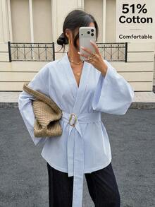 Siren Gaze Women's Striped Metal Decor Casual Versatile Daily Long Sleeve Shirt Elegant - Blue and White - View 2