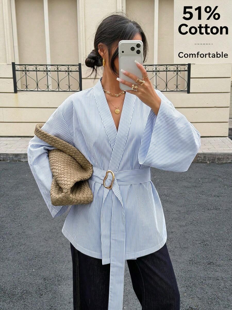 Siren Gaze Women's Striped Metal Decor Casual Versatile Daily Long Sleeve Shirt Elegant