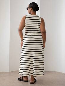 ELLERISSA Plus Size White & Black Stripe Round Neck Sleeveless Front Button Waffle Knit Midi Dress - Black and White - View 5