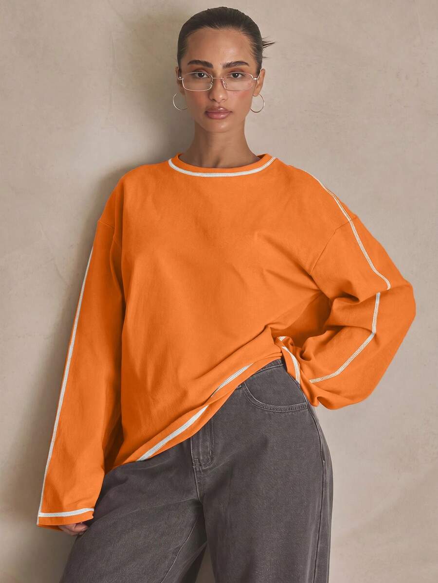 MUSERA Washed Oversized Long Sleeve Top Summer, Sporty, Casual, Day, Streetstyle, Streetwear Spring - Orange - View 1