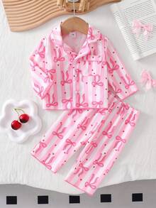 Baby Girl Long Sleeve Cardigan And Long Pants 2 Pieces Set, Woven Fabric With Cute Cherry Print, Loungewear - Pink - View 3