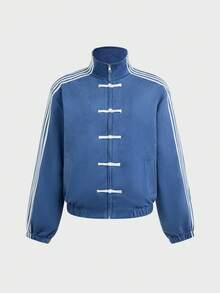 SWAVVY Chaqueta casual de hombre con botones de rana, a rayas y bloques de color, para primavera/otoño - Azul - Ver 1
