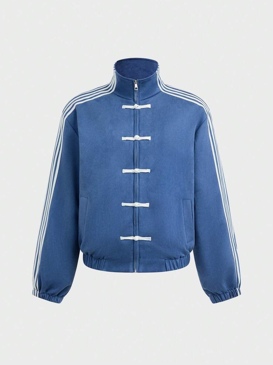 SWAVVY Chaqueta casual de hombre con botones de rana, a rayas y bloques de color, para primavera/otoño - Azul - Ver 1