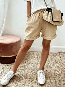 EMERY ROSE Shorts de unicolor casual de verano talla grande - Caqui - Ver 3