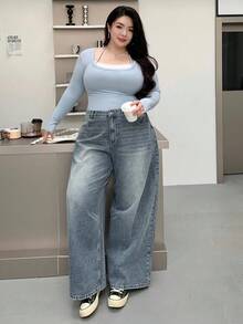 Dazy Petite Curve 淺色水洗破洞磨損寬鬆寬腳長版牛仔褲 博主風 大尺碼/小個女版牛仔褲 - 淺色水洗藍 - 查看 6