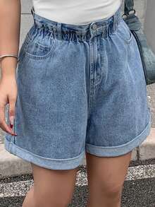 Dazy Tall Curve Short en jean bleu délavé à taille semi-élastique, jambe large ample et revers, pour femmes grandes tailles, printemps-été - Jean clair - Voir 5