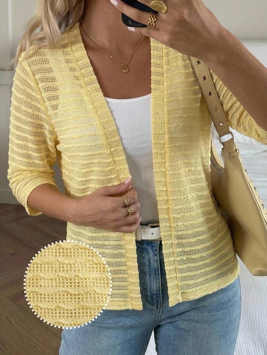 SHEIN LUNE Plus Size Summer Casual Solid Color Textured Jacket Office Going Out Tops Utumn Outfit For Women - Yellow - View 1