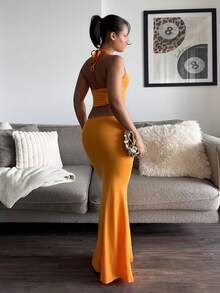 leahseptember 女款夏季橘色掛脖上衣珍珠裝飾與緊身裙兩件套優雅 - 橘色 - 查看 2