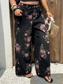 Dazy Plus 花卉印花直筒长款加大码女式牛仔裤 - 黑色 - 查看 7