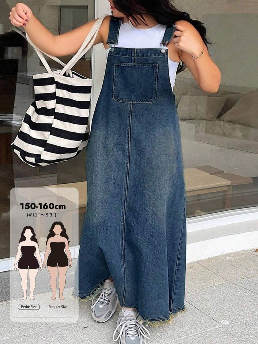 Dazy Petite Curve Dark Wash Blue Frayed Hem Long A-Line Denim Overall Dress, All Season, Plus Size, Petite Women's Overall Dress - Dark Wash - View 1