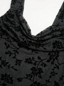 SHEIN Clasi 女款花卉印花心形領貼身無袖優雅中長洋裝 - 黑色 - 查看 7