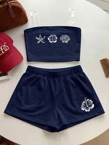 復古度假海洋生物海星貝殼、熱帶向日葵印花圖案，青少年女孩休閒極簡主義背心套裝，適合夏季、戶外野餐、外出、街頭風、居家、校園、悠閒放鬆 - 白色 - 查看 4