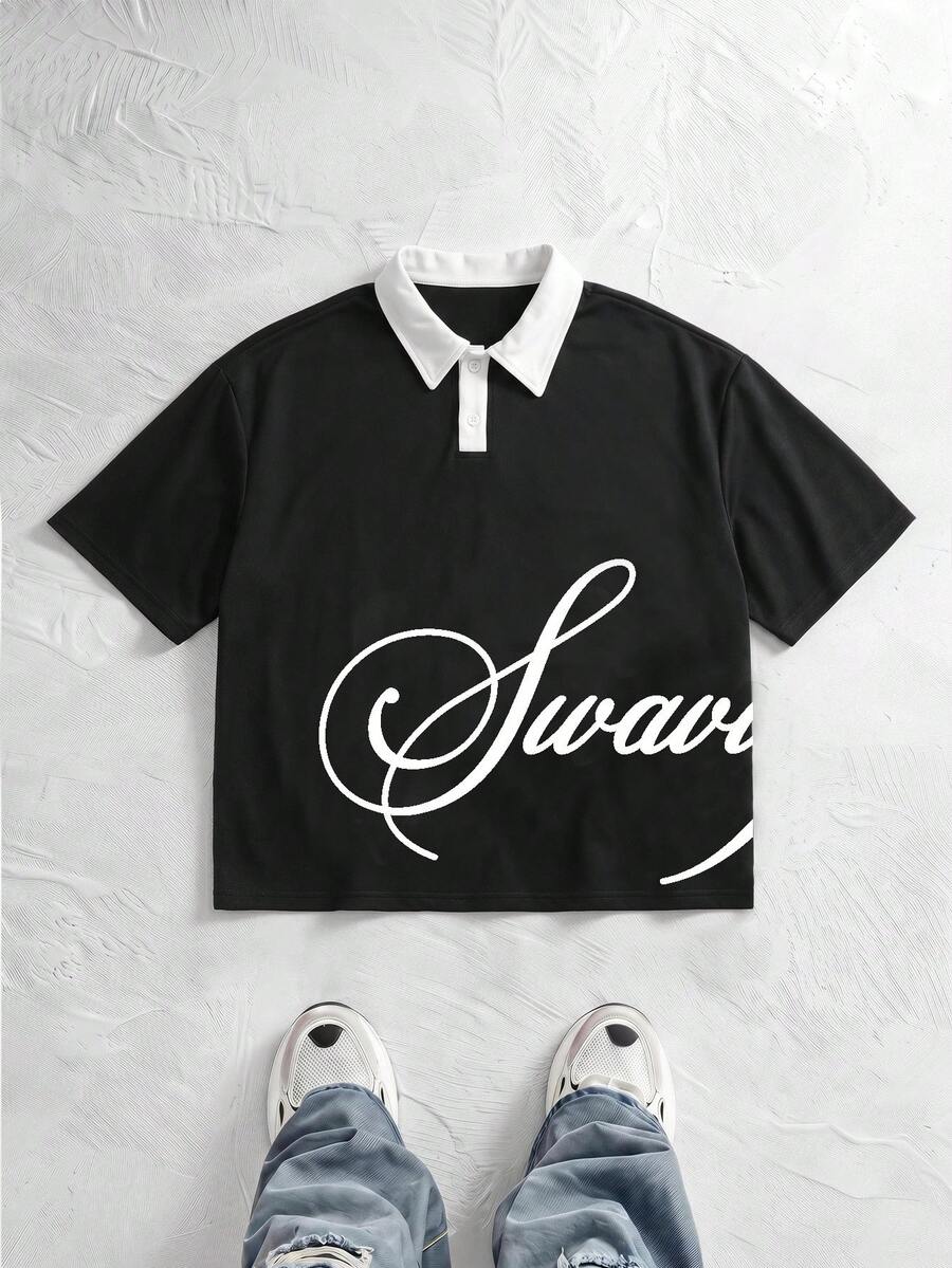 NORVETH 男士夏季休閒標準版型短袖 Polo 衫，藍白拼接配色附刺繡 - 黑色 - 查看 1