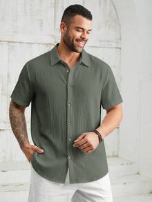 EASEVO Camisa de manga corta de unicolor para hombre de talla grande con cuello y tapeta de botones - Verde - Ver 4