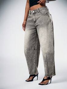 Denimoi Barrel Leg Washed Denim Jeans Fashionable Denim Fall & Winter - Black - View 5