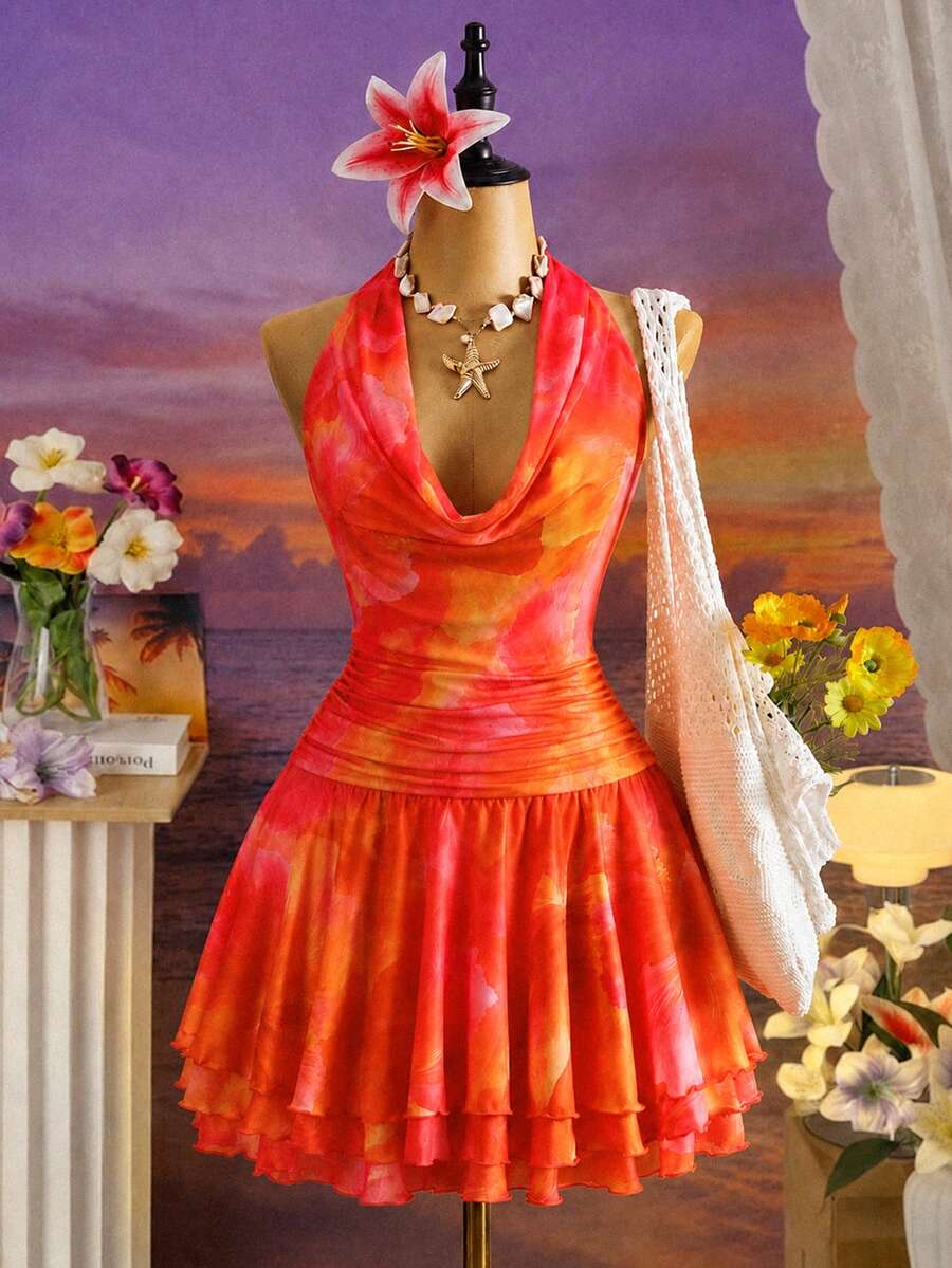 Rometta Plus Size Women's New Spring/Summer Sexy Floral Print Dress - Deep Draped Neck Design - Cinched Waist With Pleats - Ruffle Hem Design - Vacation Beachwear - Multicolor - View 1