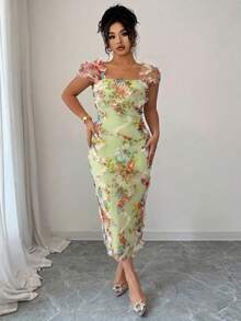 Elenzga Plus Size Women's Elegant Romantic Random Floral Print Ruched Waist Midi Dress, Suitable For Wedding, Party, Date And Other Occasions In Spring/Summer - Green - View 4