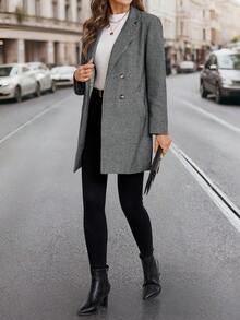 SHEIN Clasi 女款秋冬卡其色格紋大衣，經典百搭，老錢風，適合通勤、外出與聚會 - 黑與白 - 查看 6