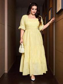 Modelyn Vestido de mujer primavera/verano bordado con textura amarillo pálido cuello cuadrado manga corta talla grande - Amarillo - Ver 7
