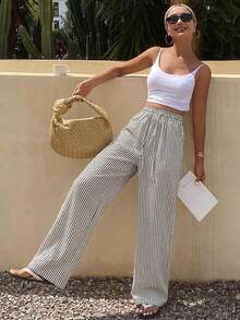 Sandy Gomes Women's Striped Wide Leg Pants With Drawstring Waist For Casual Wear Summer - Black and White - View 13