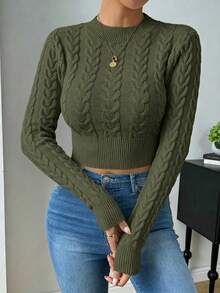 SHEIN Raffinéa Suéter corto de unicolor versátil y casual - Verde militar - Ver 4