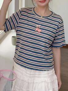 Dazy Plus Plus Size Cherry Embroidery Striped Crew Neck Short Sleeve Fitted Summer T-Shirt Graphic Tee - Blue - View 5