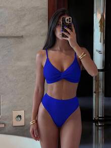 Bộ bikini màu trơn mùa hè dành cho nữ với thiết kế xoắn ngực, trang phục đi biển - Màu xanh hải quân - Xem 3