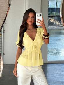 Aloruh Blusa bohemia de unicolor con volantes para mujer - Amarillo - Ver 3