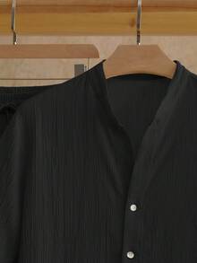 EASEVO 2pc Men's Plus Size Solid Color Shirt Set, Short Sleeve Single-Breasted Shirt And Drawstring Long Pants, Suitable For Dating, Vacation, Party, Beach - Black - View 3