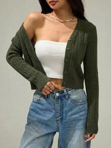 SHEIN PETITE Women's Solid Color Minimalist Casual Long Sleeve Cardigan Cute Sweater Short Knit Top Autumn/Winter Clothing Army Green Dress Travel Going Out - Army Green - View 7