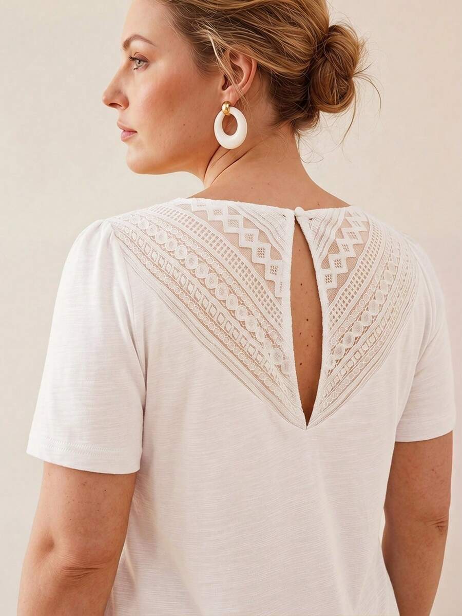 MOTF PREMIUM PLUS SIZE WOMEN 100% PURE COTTON TEXTURED LACE PATCHWORK SHORT SLEEVE TOP - Beige - View 2