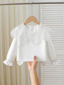SHEIN 女童白色長袖襯衫，3D螺旋荷葉領，優雅仙女牛仔風荷葉袖口，柔軟透氣，返校季冬季休閒上衣 - 白色 - 查看 4