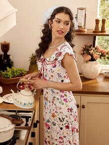 Floral Digital Print Round Neck Double-Layer Ruffle Trim Bow Tie Soft & Comfortable Rib Knit Fabric Cap Sleeve Mid-Length Dress, Pastoral Sweet Dress - Apricot - View 6