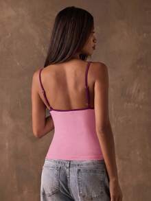 SHEIN BAE 女款拼色修身百搭休閒細肩帶背心上衣 - 淺粉色 - 查看 2