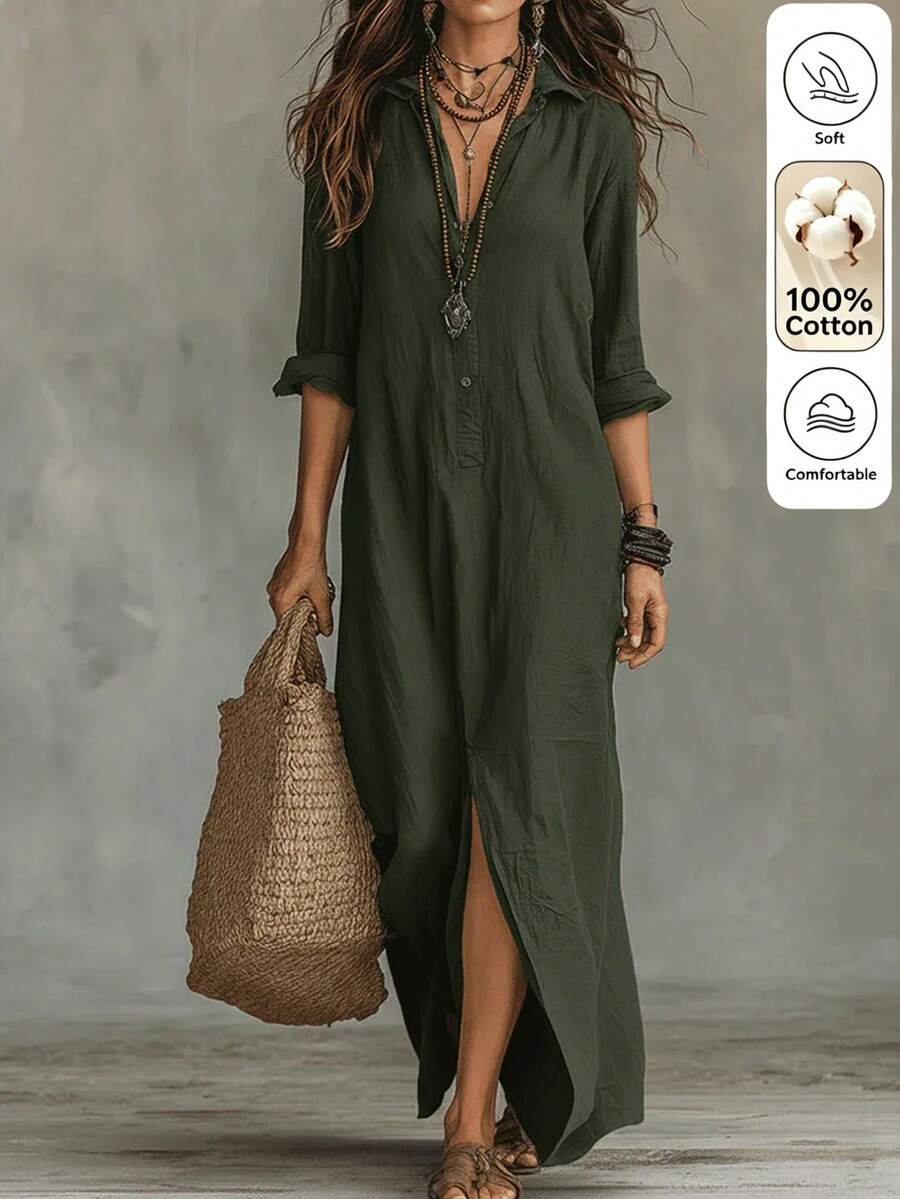 LUMIGAL Women's Loose Collar Solid Color Army Green Long Sleeve Dress, Split Hem Casual Boho Vacation Dress, Suitable For Spring And Autumn For Girls