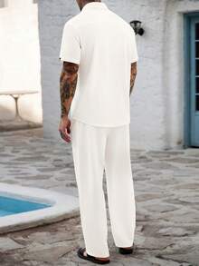 Genlund Nuevo conjunto de dos piezas para hombre primavera verano 2026, color blanco roto con estampado de cuadrícula, transpirable, holgado, con cuello y manga corta - Blanco - Ver 2