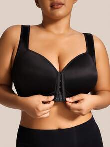 SHEIN 1 pieza Sujetador de talla grande con cierre delantero, tirantes anchos y cobertura completa - Negro - Ver 6