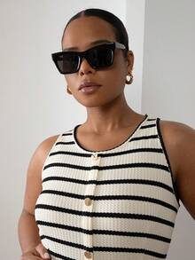 ELLERISSA Plus Size White & Black Stripe Round Neck Sleeveless Front Button Waffle Knit Midi Dress - Black and White - View 3