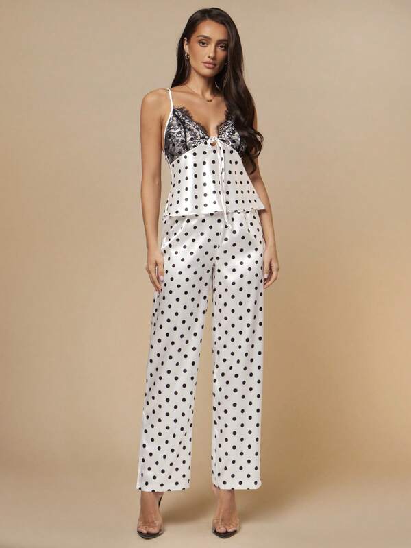 Silquee Polka Dot Faux Silk Print Lace Trim Camisole And Shorts Pajama Set