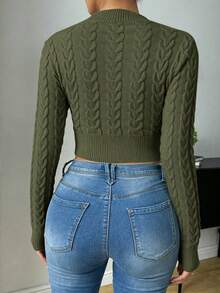 SHEIN Raffinéa Suéter corto de unicolor versátil y casual - Verde militar - Ver 2