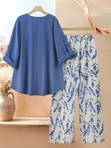 Modelyn Plus Size Long Sleeve Solid Color Shirt & Loose Print Pants 2pcs Set For Women Fall - Blue - View 2
