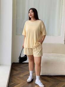Dazy Plus Solid Color Knit Round Neck Top & Shorts Pajama Set Summer - Yellow - View 3