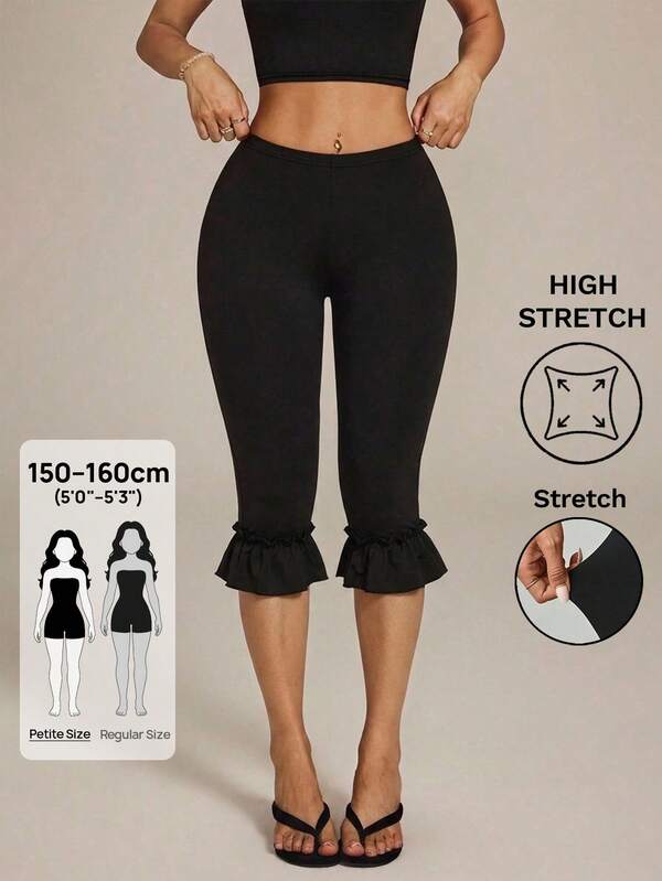 SHEIN PETITE Women's Black Ruffle 7/8 Length Pants, Commuter Essential, Suitable For Parties And Casual Wear