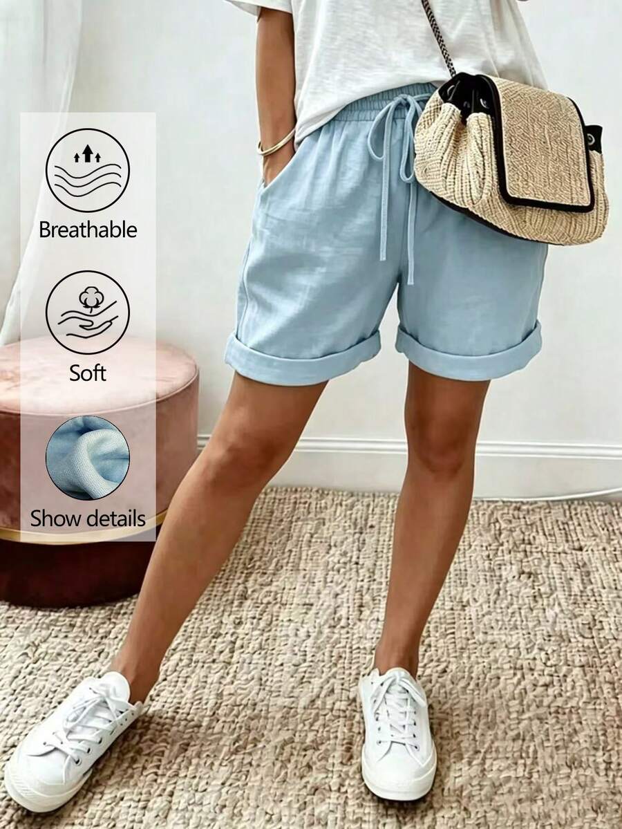EMERY ROSE Plus Size Women's Solid Color Drawstring Waist Pocket Casual Rolled Hem Shorts - Baby Blue - View 1
