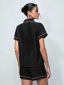 Softvol 2pcs Women Summer Sleepwear Set - Short Sleeve Top & Shorts, Casual Loose Comfy Basic Home & Casual Wear - Black - View 2