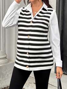 SHEIN Maternity Colorblock Striped Sleeveless Button Knit Vest,Autumn Outfit For Women - Black and White - View 8