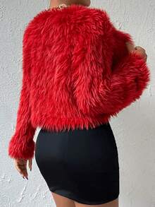 SHEIN LUNE 女款純色毛絨休閒百搭日常穿著開襟衫 - 紅色 - 查看 2