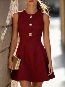 SHEIN Vintage Burgundy Metal Buckle Sleeveless Dress For Women, Waist-Cinched Slimming A-Line Short Tank Dress, Elegant Commuter Versatile Style, Suitable For Daily Wear And Dating - Burgundy - View 6