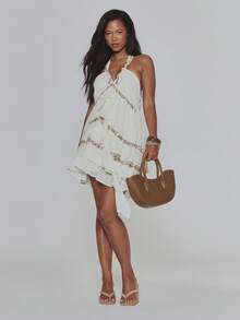 MUSERA Layered Ruched Shell Embellished Halterneck Mini Dress - Beige - View 2